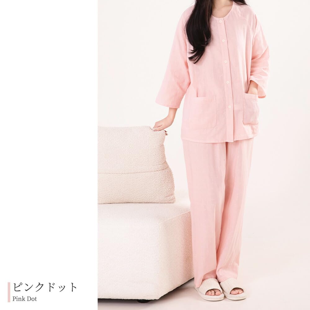 Yes Family Double Gauze Pajama Polka Dot Size Pink Polka Dots Women's Set, 100% Cotton, 3/4 Sleeves, Pattern, M,