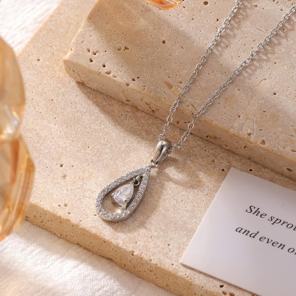 Fashion Minimalist Stainless Steel Jewelry 18k Gold Plated Waterproof Hollow Water Drop Shape Zircon Pendant Necklace YF6041
