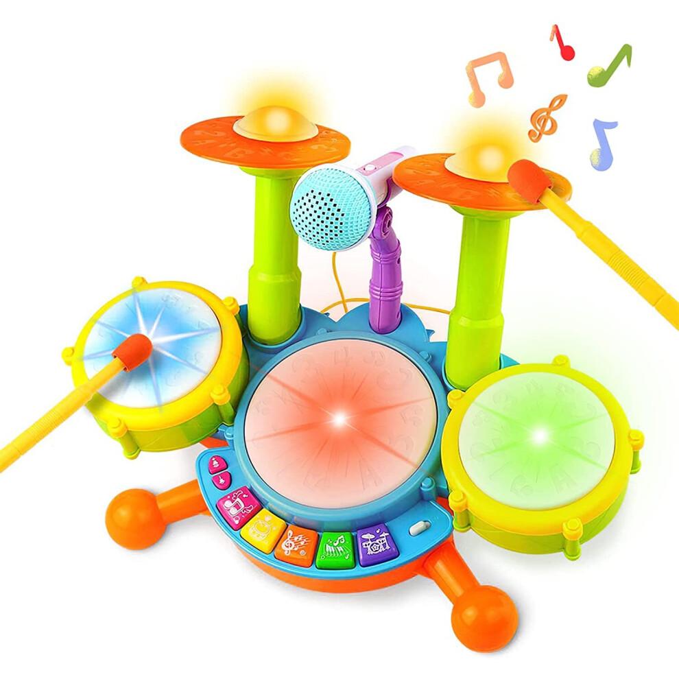 Beginners Musical Table Top Drum Kit Play Set with Drum Sticks Microphone Light Features Interactive Music and Sounds for Babies Kids Toddlers