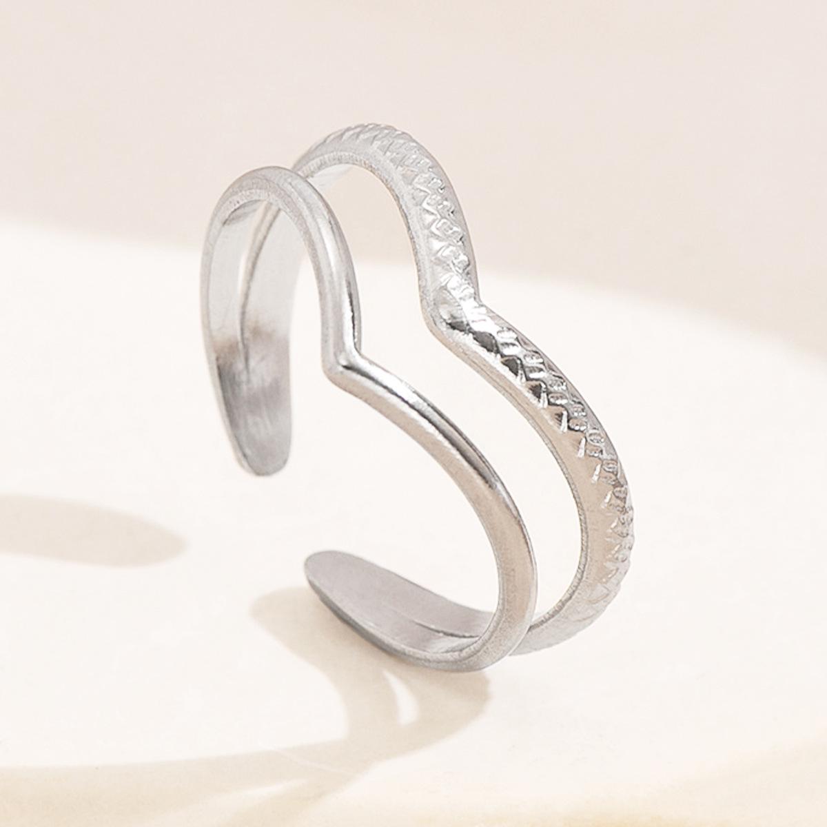 Simple INS Style Double Row Geometric Stainless Steel Open Ring, 18K Gold Plated Jewelry for Women