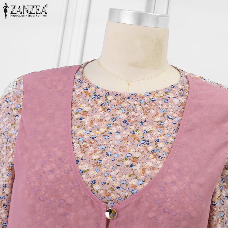 ZANZEA Women Casual Floral Print Long Sleeve Fake Two Piece Long Dress