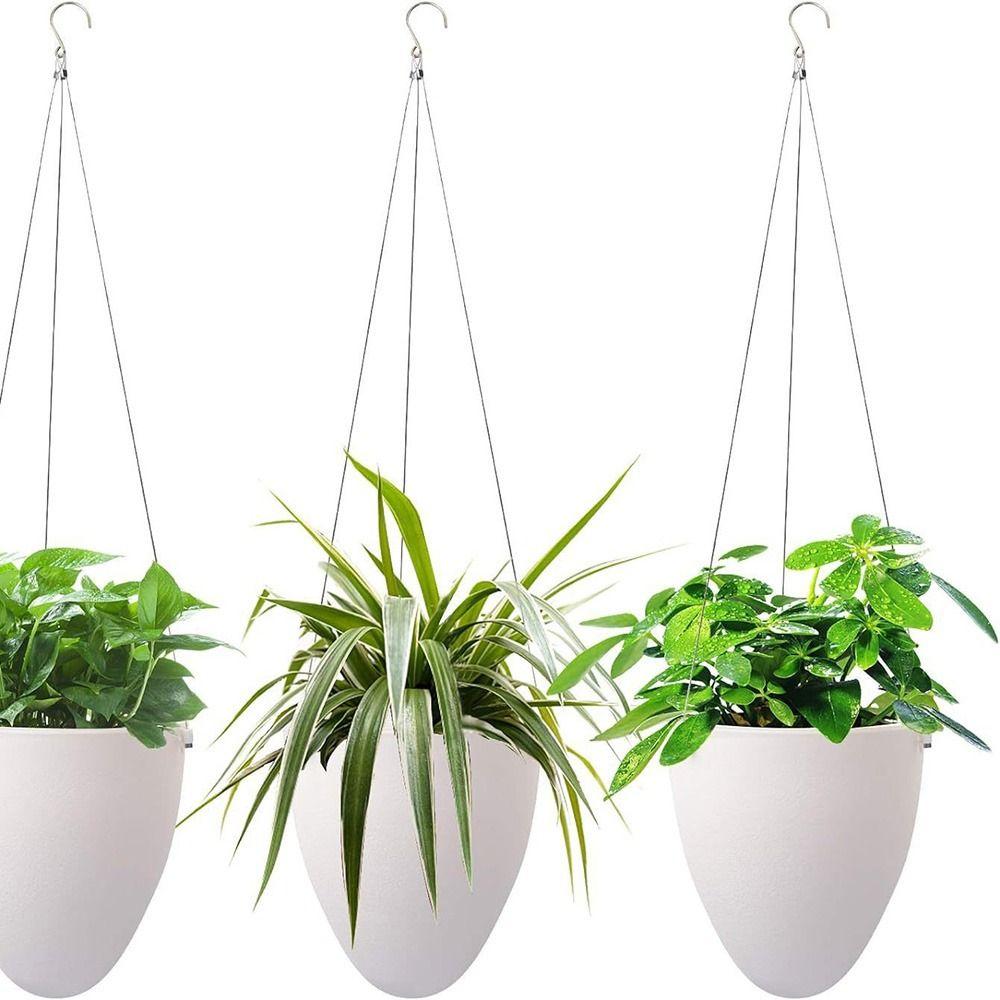 White Self Watering Plant Pot Eggshell Shape Self Watering Hanging Plant Pot Cotton Rope Net Water Storage Planter