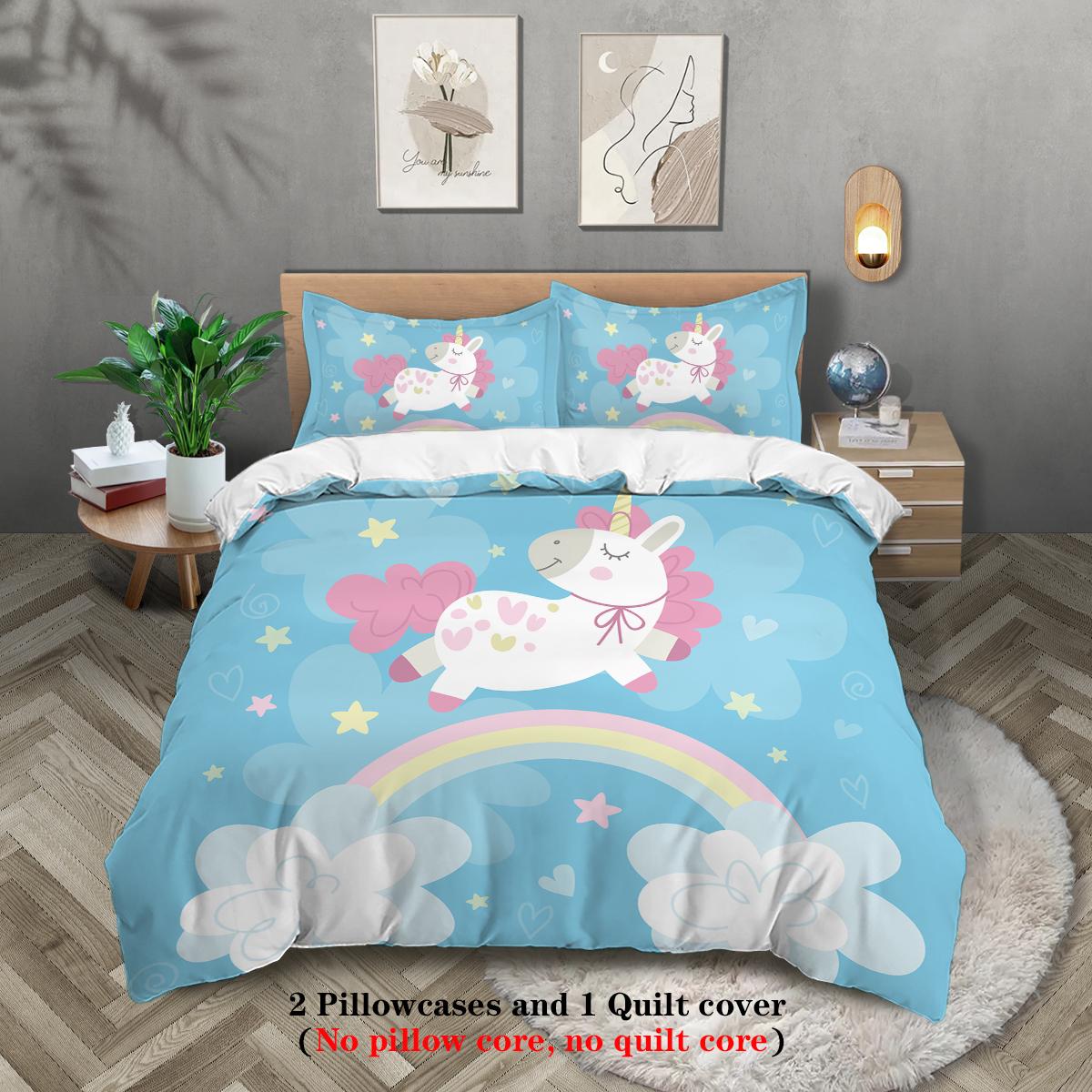 

SkinFriendly Trendy 3 piece down cartoon unicorn rainbow pattern print 1 2 pillowcases no core girls Quilt Comforter (quilt)-EU Single(135*200cm)3pcs