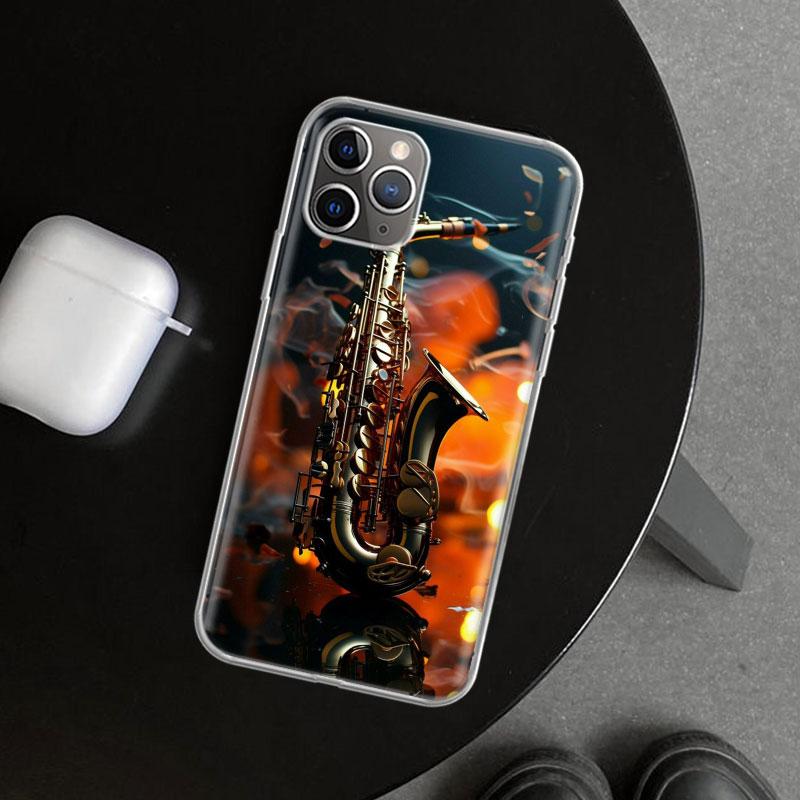 Music Saxophone Instrument Phone Case Cover for iPhone 11 12 13 Mini 14 15 Plus 16 Pro Max 17 Air 7 8 + SE Art Customized Fundas