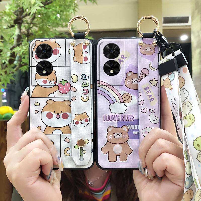 Protective Wrist Strap Phone Case For TCL 505/T509K/T5094 Durable Lanyard Wristband Cute Back Cover Cartoon Silicone