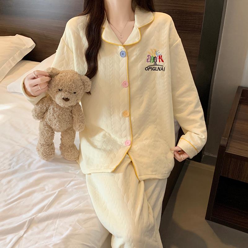 Women's Korean Style Thickened Cotton Pajama Set - Long Sleeve for Autumn/Winter, Simple Design, Home & Outdoor Wear.