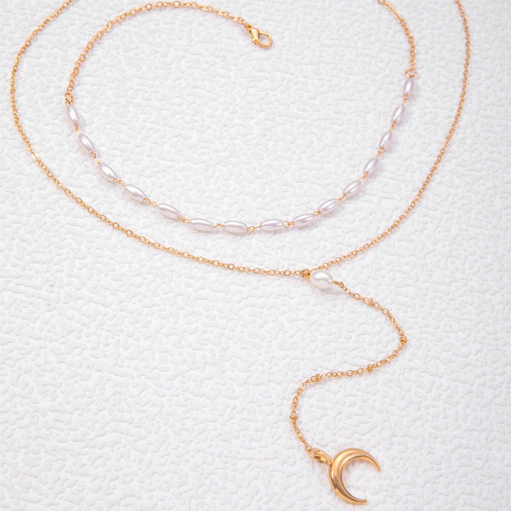 Accessories, retro imitation pearl double stacked necklace, versatile inverted crescent horn necklace, collarbone chain