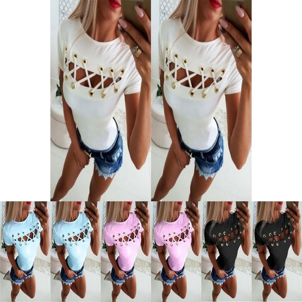 Elegant Sexy Ladies Women's Short Sleeve Cross Lace Up Bodycon Blouse Tops Slim T-shirt