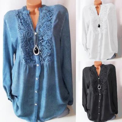 Casual Women Solid Color Lace Patchwork V Neck Buttons Long Sleeve Blouse Shirt