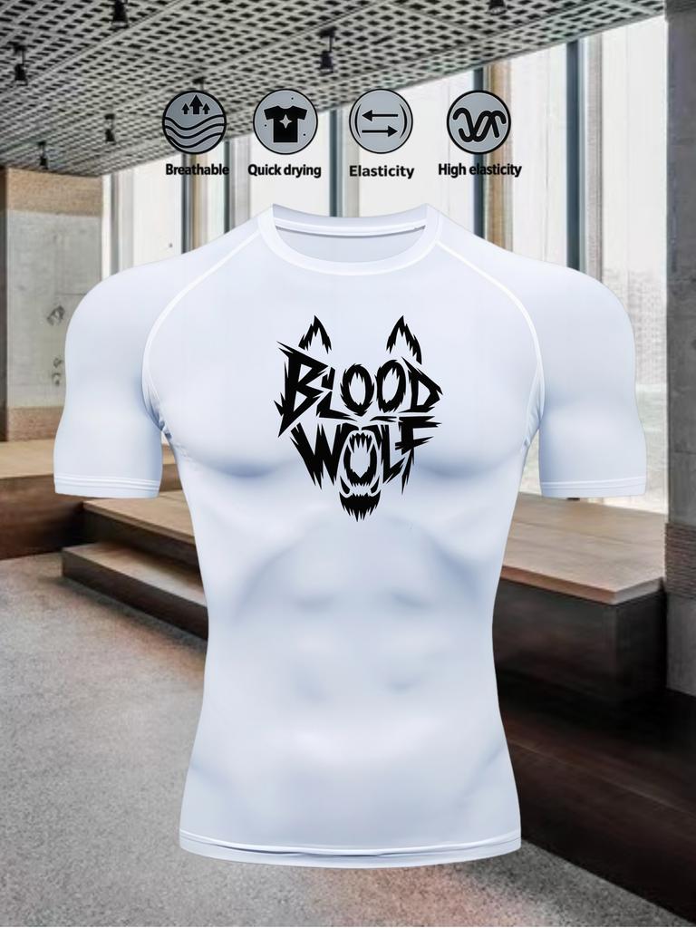Men's Chest Blood Wolf Shaped Logo Print Compression Shirt High Elasticity Moisture Wicking Sportswear