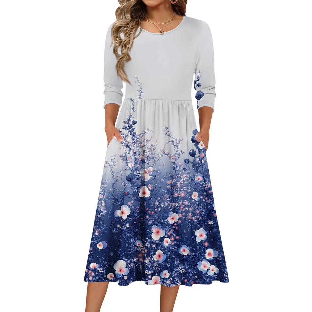 3/4-Ärmel Damenkleid Lässig Fließend A-Linie Midi T-Shirt Kleider mit Taschen Rundhalsausschnitt Urlaub Boho Strand Sommerkleid