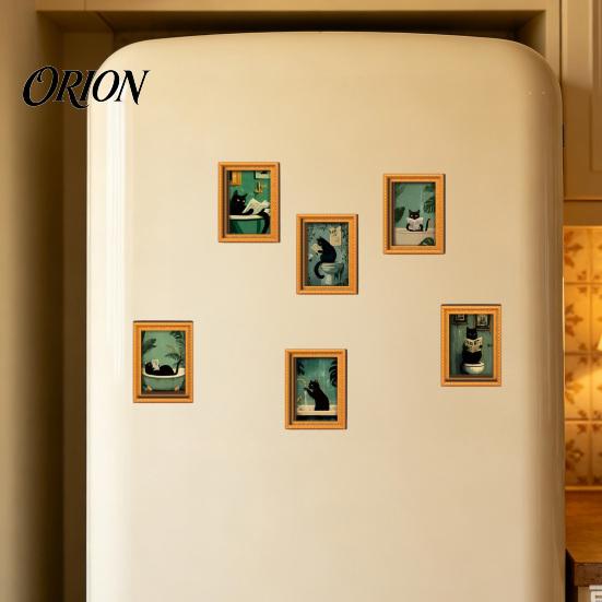 Retro Aesthetic Home Decor Accents Funny Wooden Fridge Magnets Frame, Cute Cat in Bathroom Magnetic Easy Swap Frames for Pictures Refrigerator Locker