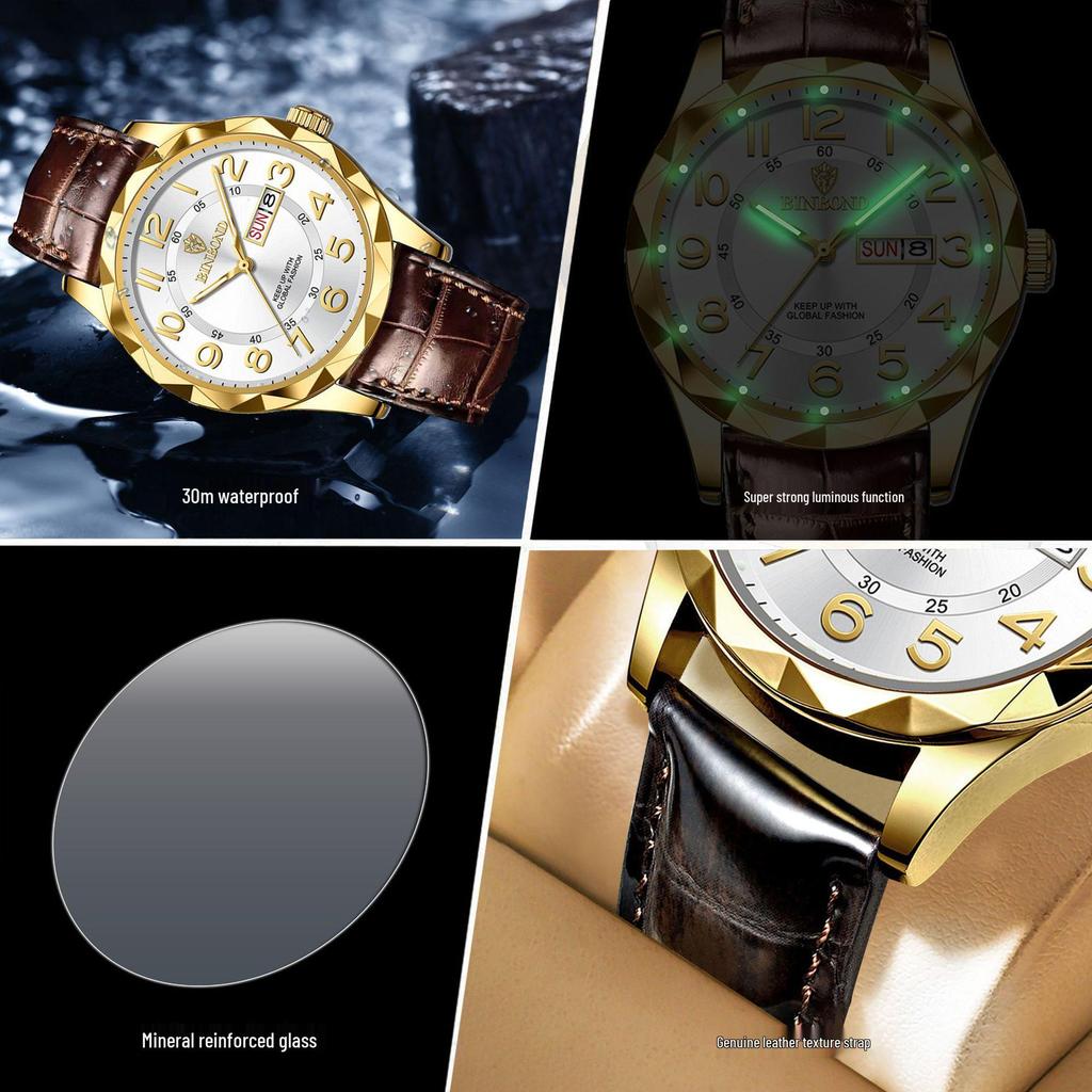 Binbang Ultra-thin Luminous Men's Quartz Watch - Automatic Movement, Waterproof with Calendar, Leather Strap, Business & Fashion Style.