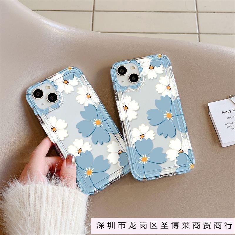 Blue and white big flower iPhone17promax mobile phone case Apple 16 transparent 15/14 transparent anti-drop 11 airbag