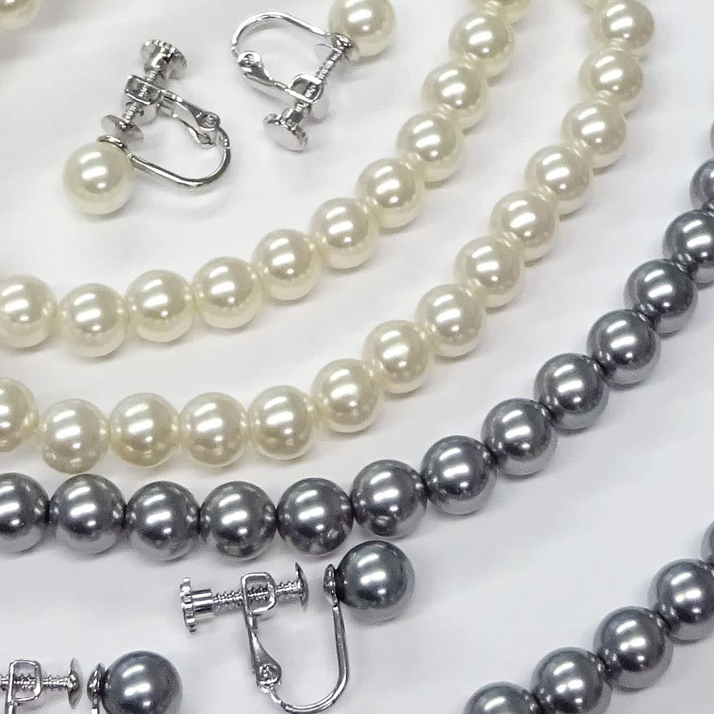 and Me Jewelry Faux Pearl Necklace and Earrings Set Black and White Made in Japan [You Box] - 2-Piece Set, 7.0mm Pearls, 42cm,