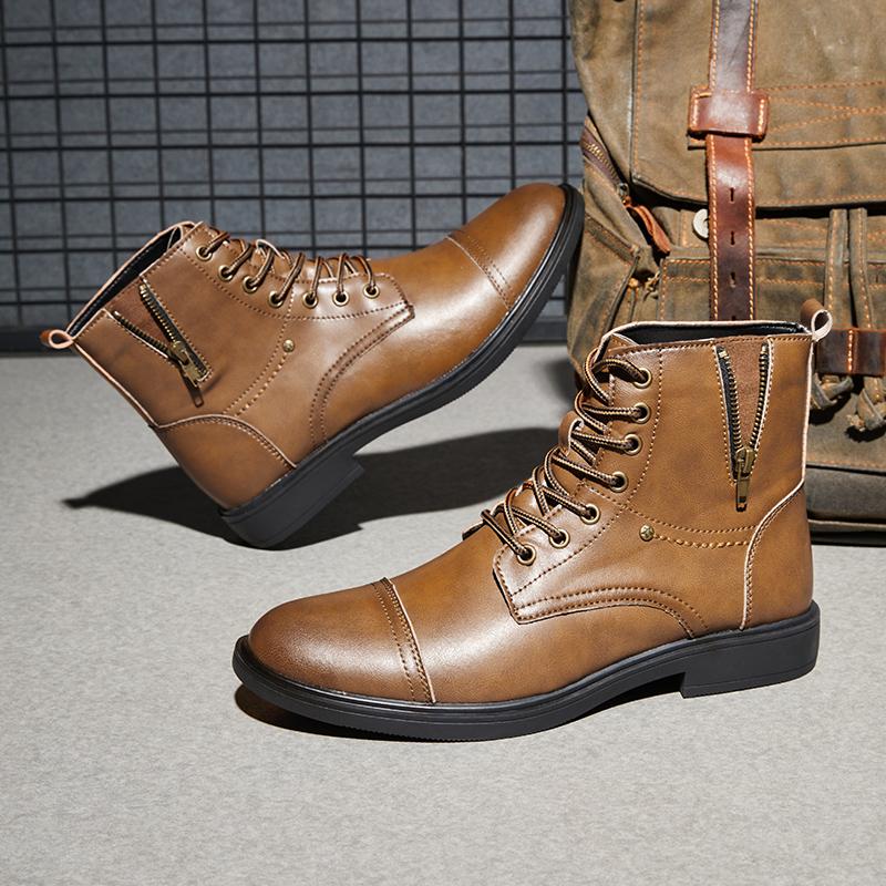 Men’s Motorcycle Boots Winter Black Leather Street Style Ankle Boots with Fur for Men Plus Size High Top