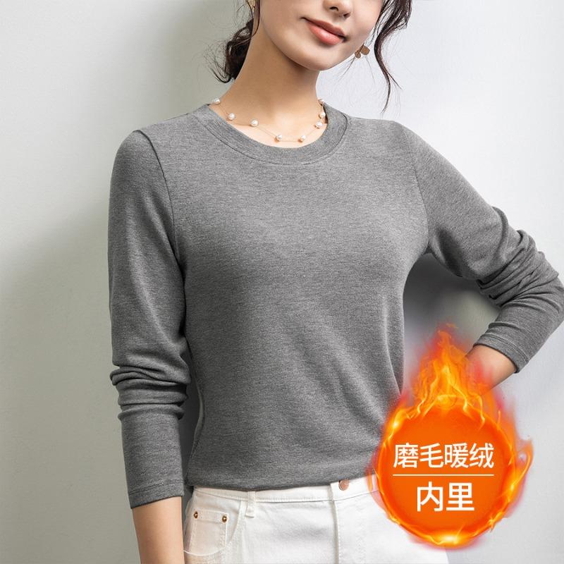 Wool blended shirt autumn and winter new Ankola red crew neck fleece bottoming shirt slim-fit polished top