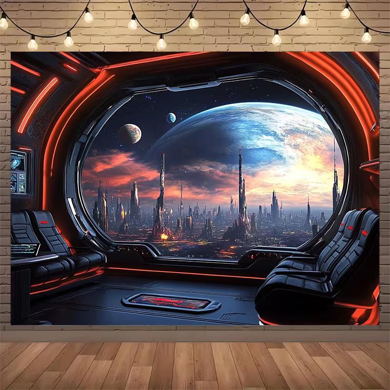 2D Cyberpunk Space Station Backdrop Outer City Skyline Party Background