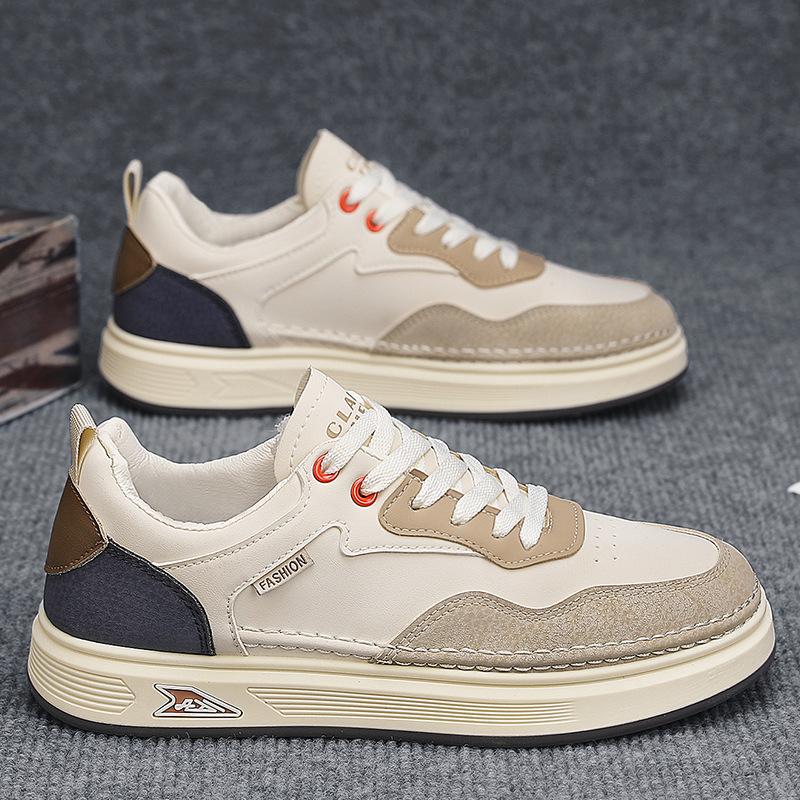 

Студенческие кеды мужские трендовые повседневные туфли осень 2024 новые кожаные мягкая подошва спортивные нескользящие белые туфли 44 бежевый