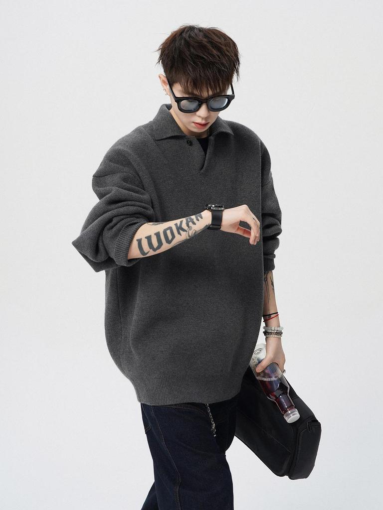 Men's Trendy High-End POLO Collar Sweater - Solid Color Knitwear for Spring & Autumn, Versatile American BF Couple Style