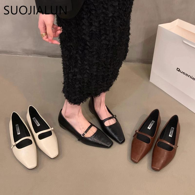 Fashion SUOJIALUN 2024 Autumn Women Flat Shoes Fashion Square Toe Shallow Slip On Single Shoes Soft Flat Heel Outdoor Dress Baot Shoes