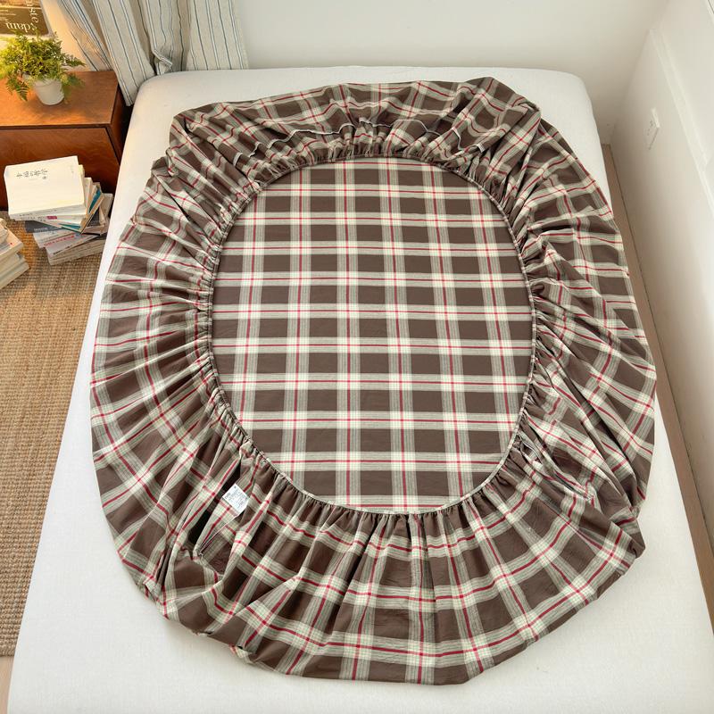Simple Gray Small Grid Cotton Yarn-dyed Washed Cotton Fitted Sheet Soft and Skin-friendly Light Mattress Cover