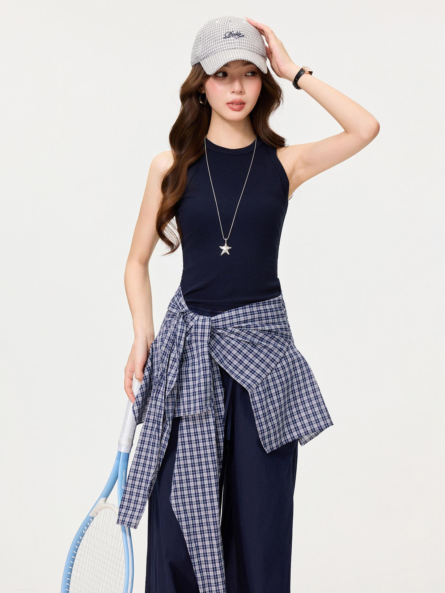 

Navy blue round neck sleeveless vest sling spring new bottoming shirt with slim-fitting pure desire top women S темно-синий