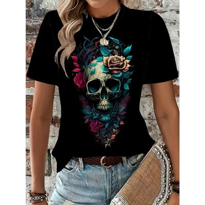 Vintage Inspired Short Sleeve Crew Neck T-Shirt - Unique Skull & Flower Print Design, Soft & Breathable Fabric Spring & Summer, Womens Casual Clothing