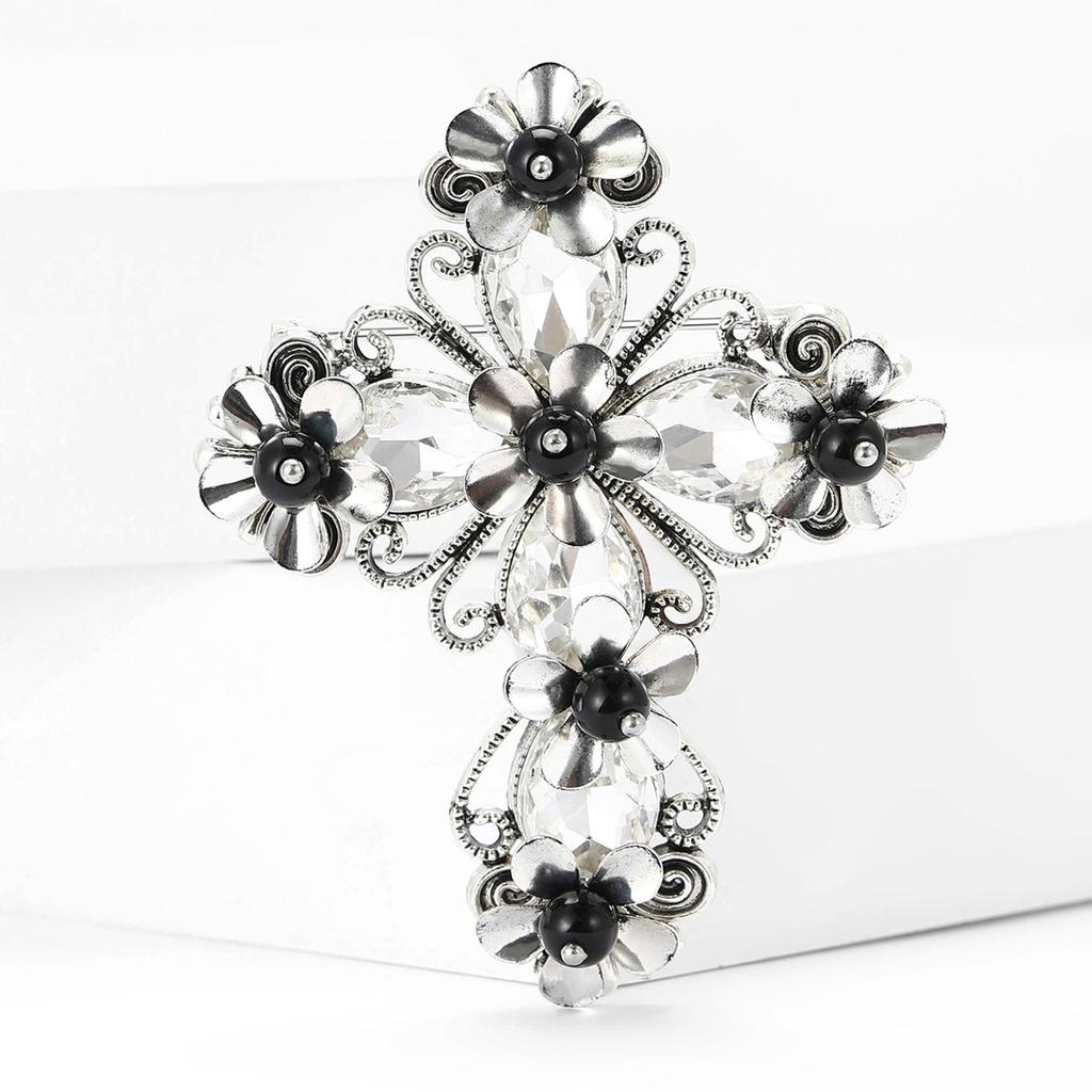 Broșă cruce din aliaj retro la modă, accesorii florale personalizate pentru piept de îmbrăcăminte
