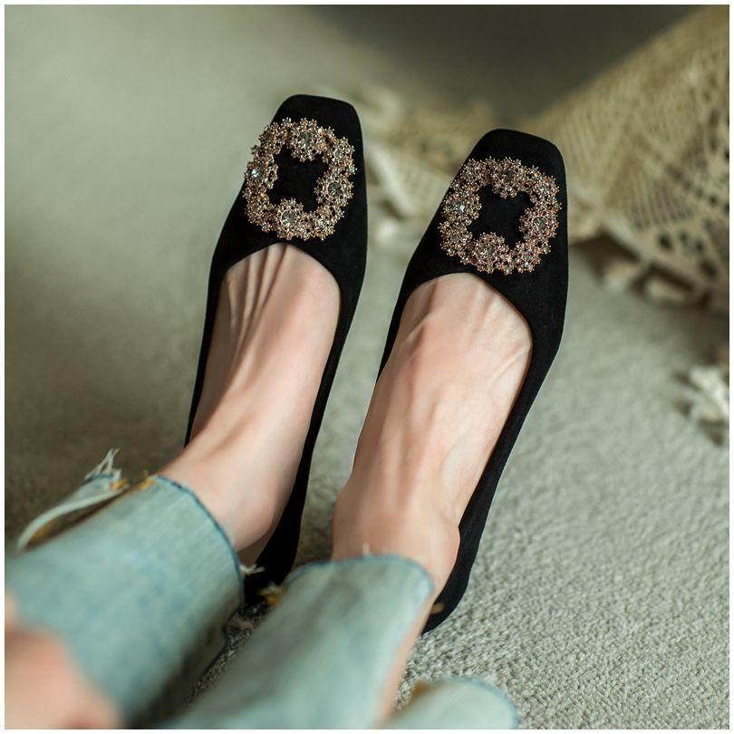 Mode Ballerinas Damenschuhe Frühling Herbst 2025 Neu Lässig Schwarz Französische Eckige Zehenpartie Ballerinas Strass Slipper Damenschuh Übergröße 34-43