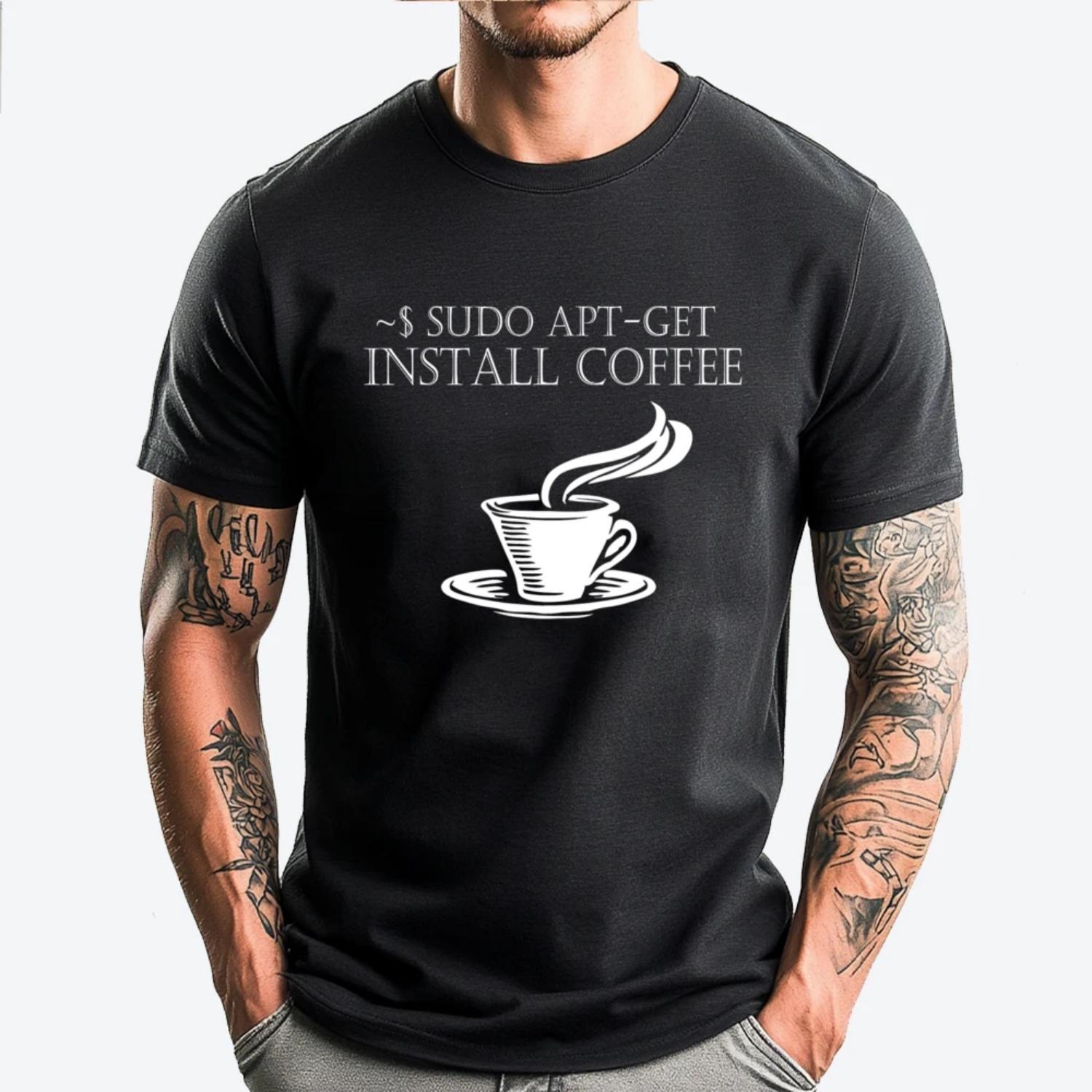Linux Computer Nerds Sudo Apt Get Install Coffee Fashion T Shirt Men New Year 2025 Illustration Camiseta S чёрный