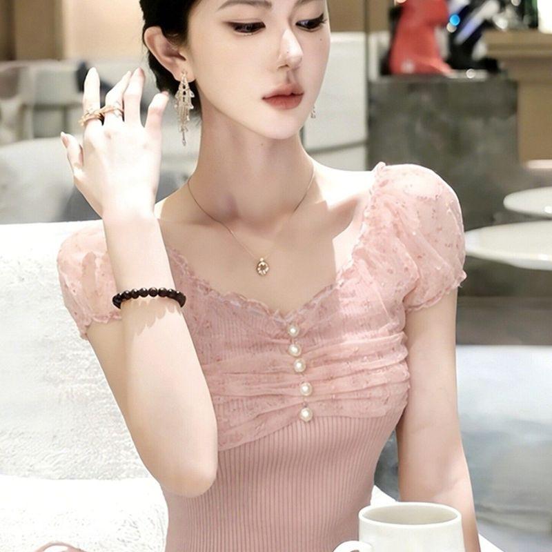 

2026 Summer New Pink Patchwork Top, Elegant and High-End Fashion, Stylish Slim-Fit Regular Shoulder T-Shirt Pink Patchwork Top S