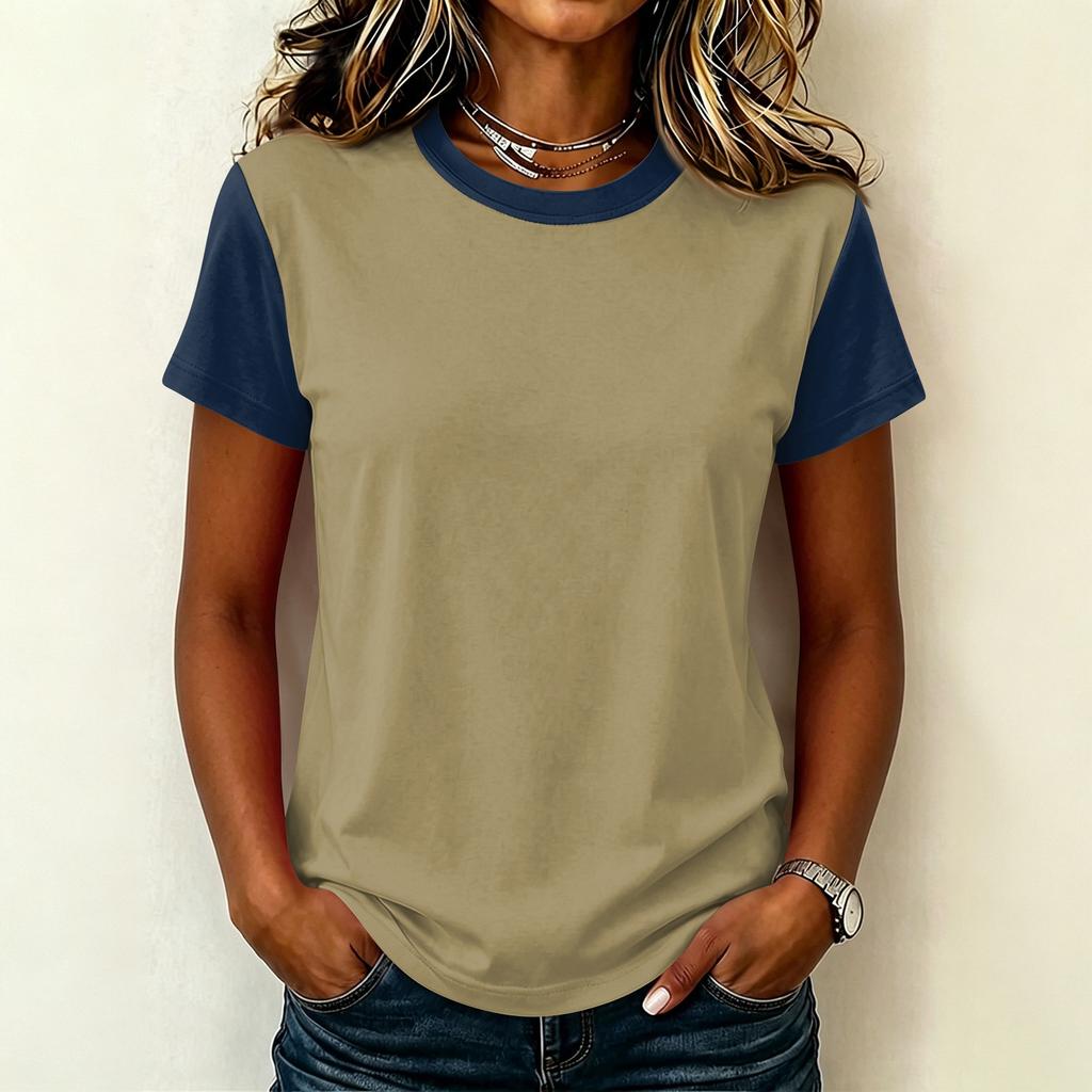 Women’s Casual Crew Neck Short Sleeve Pullover T Shirt Stitching Loose Fit Basic Top for Daily Wear