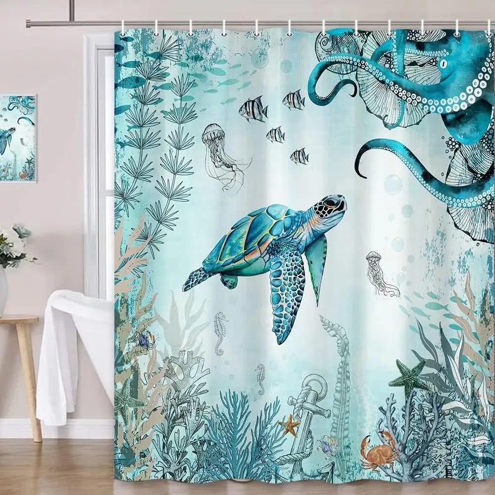 Blue Sea Turtle Shower Curtain Funny Ocean Animal Starfish Coral Tropical Fish Underwater Marine Life Curtains Bathroom Decor