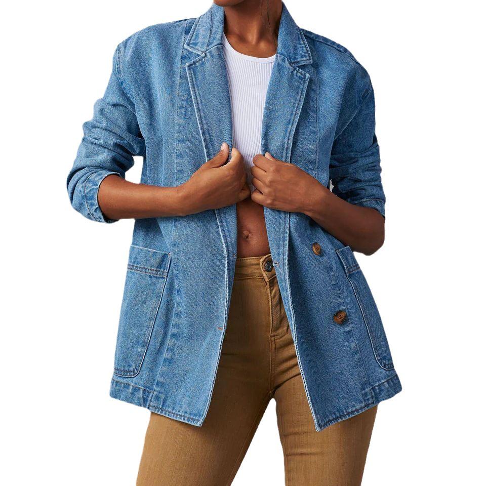 2023 European & American Washed Blue Denim Women's Casual Suit Jacket