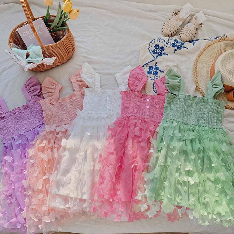 3D Butterfly Mesh Puff Sleeve Girls' Dress - 2025 Summer Smocked Waist Baby Princess Style