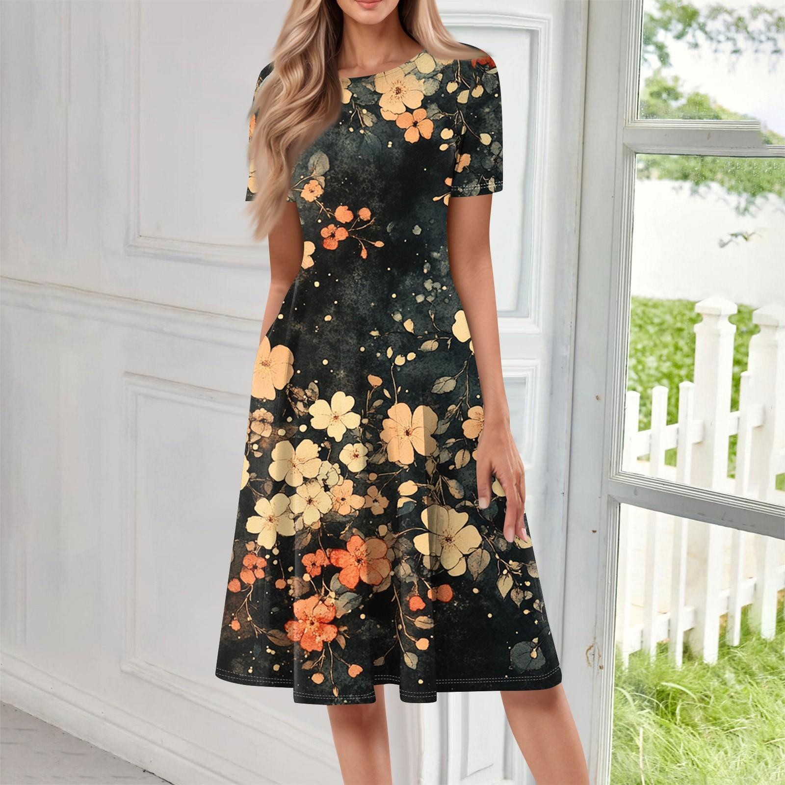 

Женское свободное повседневное и модное платье с круглым вырезом и короткими рукавами, средней длины с принтом XXXL хаки