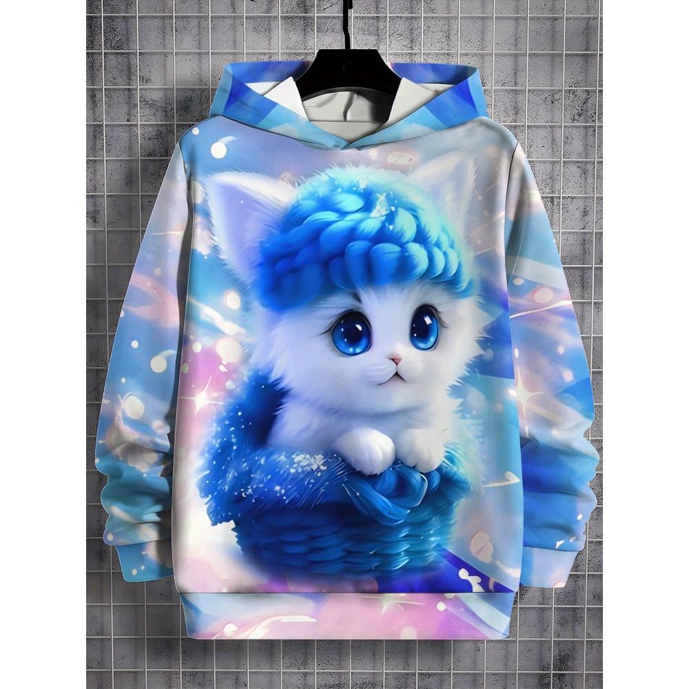 Girl Sweatshirt Pink Gradient Hoodie Cute Cat Print Spring Autumn Casual Pullover Long Sleeve Kids Clothing Top