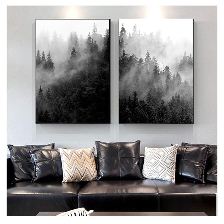 Schwarz-Weiß Baum Poster Nebelwald Landschaft Leinwandbild Wandbild Wohnzimmer Dekor Natur Drucke Kunst