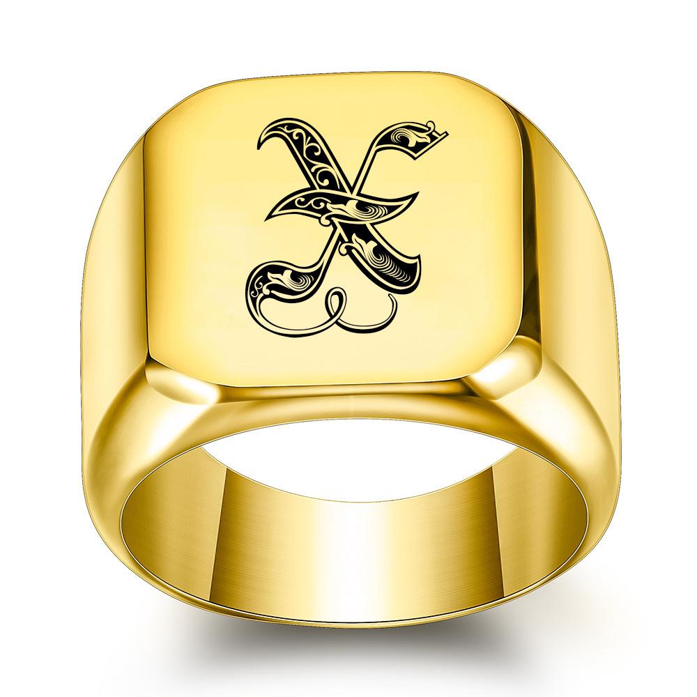 Europe, America 26 personalized English initials titanium steel ring male retro punk square 14MM gold trendy male wholesale