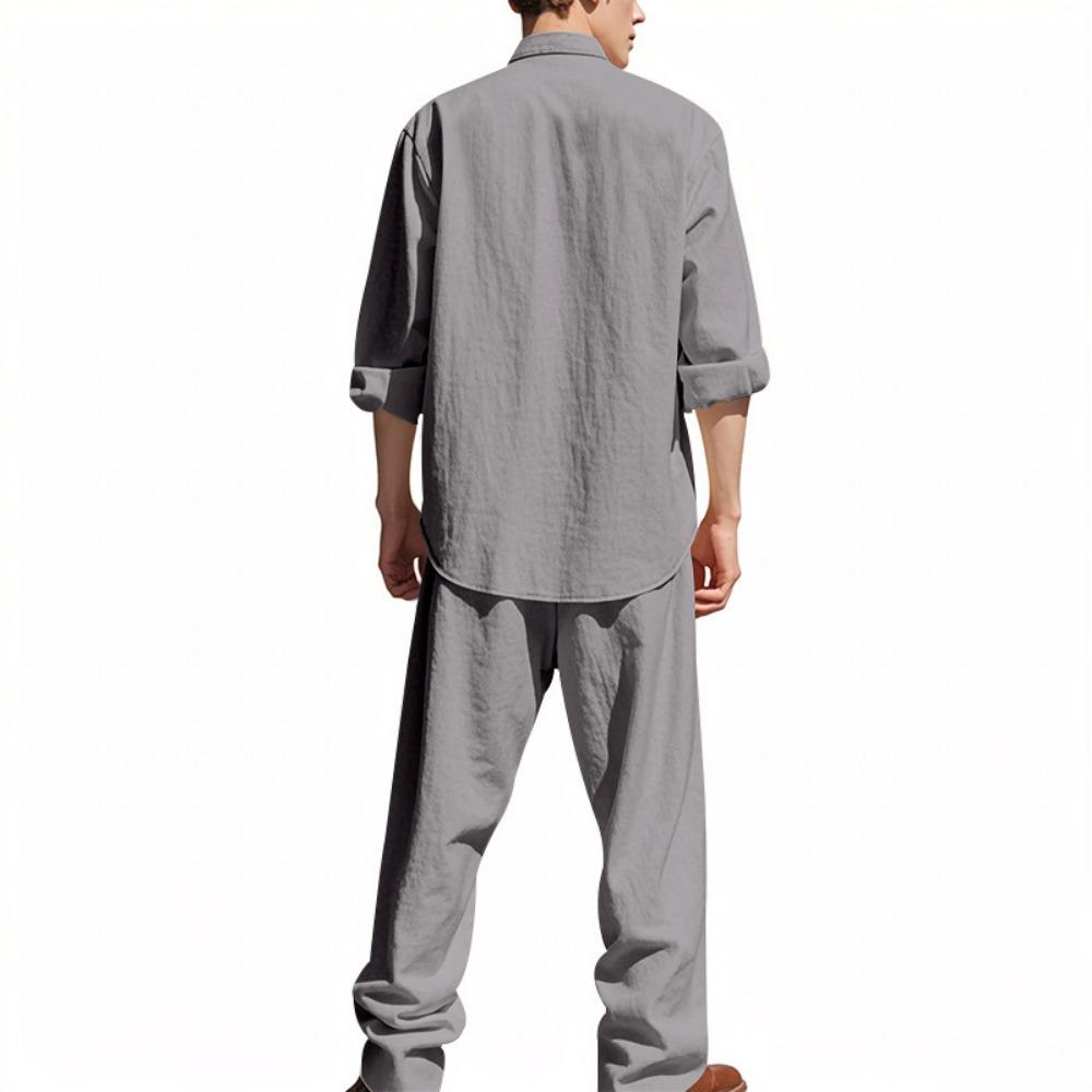 New Spring and Summer Men's Suit Linen Casual Loose Breathable Long Sleeves Shirt Trousers 2 Set of Beach Vacation Essential