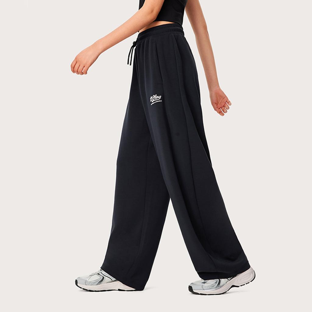 Li Ning Sports Lifestyle Series Solid Color Letter Mid Waist Straight Leg Knit Sports Pants Women Bottoms Black AKLU568-3