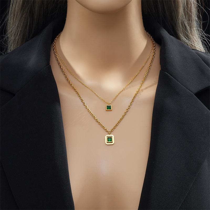 Gold Double Layer Square Emerald Necklace – Minimalist Vintage Jewelry, Growth Elegance Gift for Women