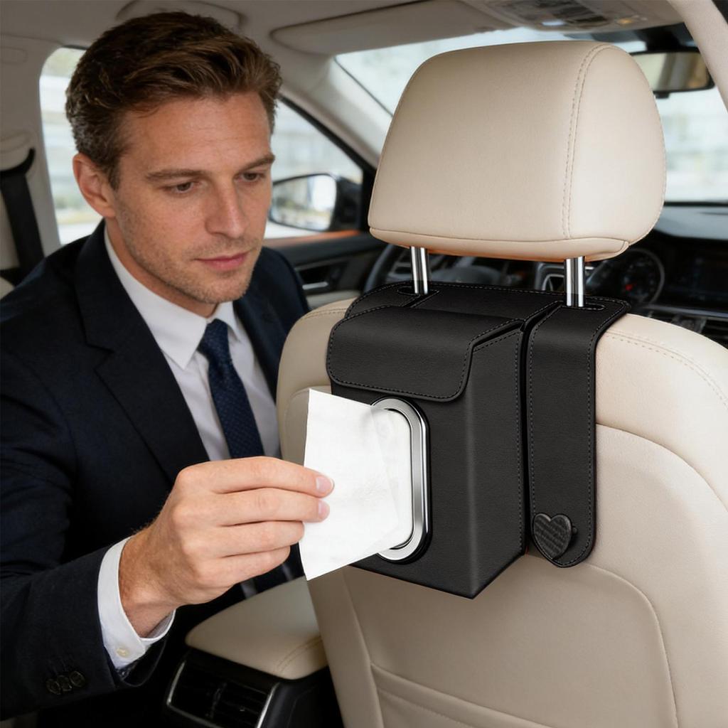 Car Seat Back Tissue Box Holder Leather Drawer Box Facial Paper Organizer Multifunctional Double Hook Tissue Box Interior