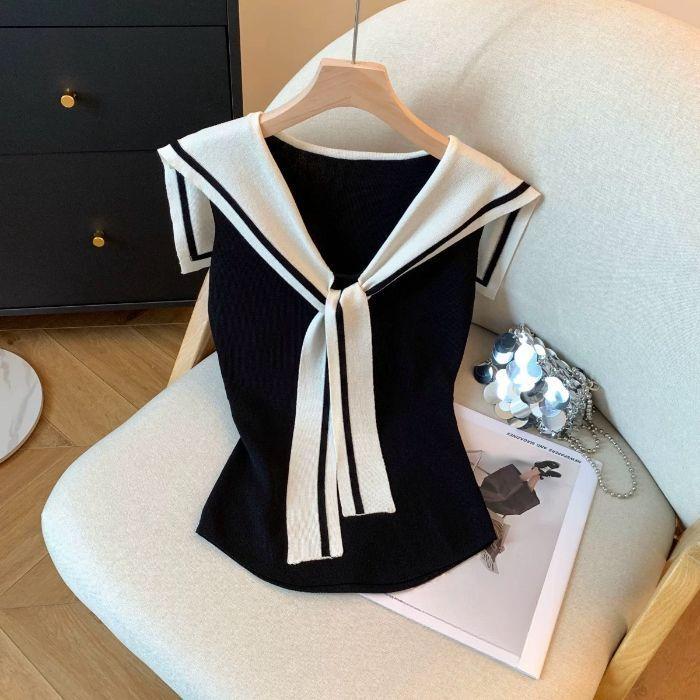 

Вязаный жилет в стиле колледжа с контрастным темно-синим воротником для женщин на лето, в сочетании с облегающим коротким топом без рукавов. one sizel чёрный