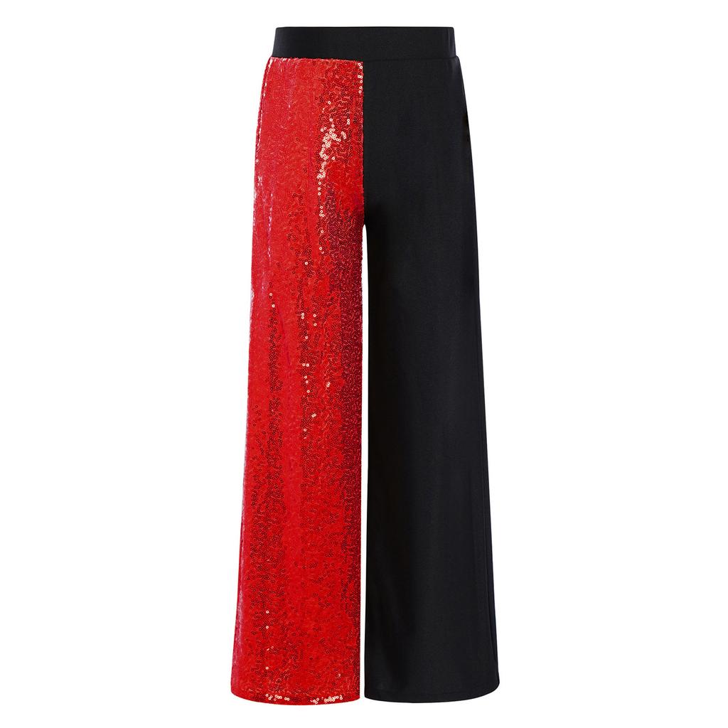 Girls Sequins Patchwork Pants Elastic Waist Color Block Dance Trousers Hip Hop Jazz Outfit