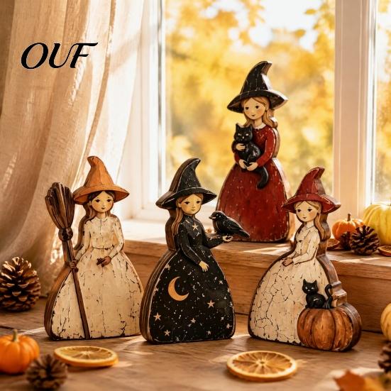 Retro Witch Decorations for Shelves Halloween Wooden Ornaments, Distressed Figurines, Tabletop Indoor Holiday Party Ornaments Decoration with Pumpkin