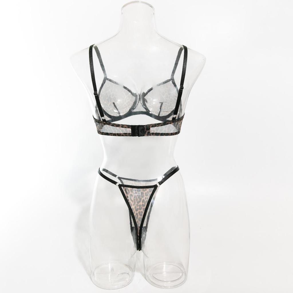 French Leopard Print Mesh Push-up Bra and Panty Lingerie Set