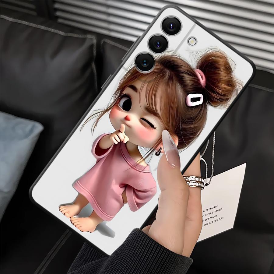 Case for Samsung Galaxy A20 A13 A06 A40 A16 A05 A10 A12 A30 A15 A17 A70 A50 A04 Black Soft Phone Cover Cartoon Girl Pattern