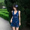 Retro Printed V-neck Vest Dress Women's Summer New Temperament Waist Thin Holiday Style A-word Short Skirt